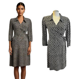 Laundry by Design Geo Dash Wrap Dress, M, Black/Tan